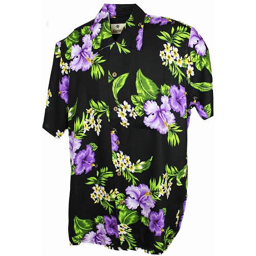 Flot sort hawaii skjorte med lilla blomster