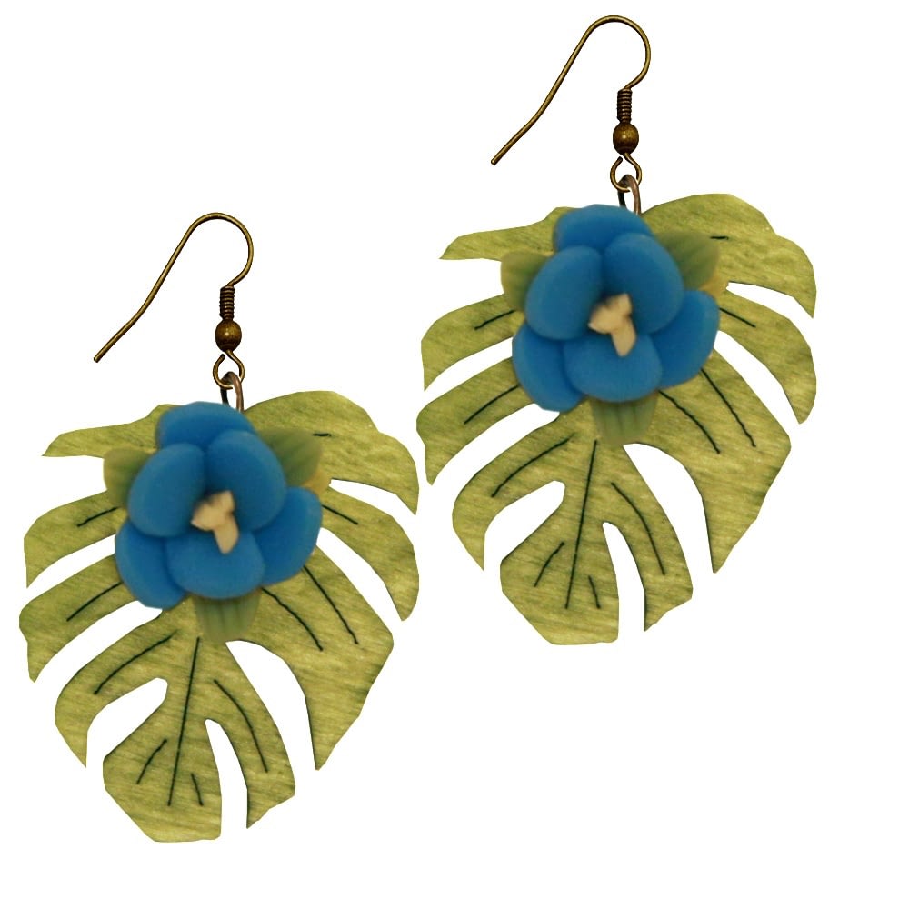 Øreringe blå blomst på grønt blad | Rockahula