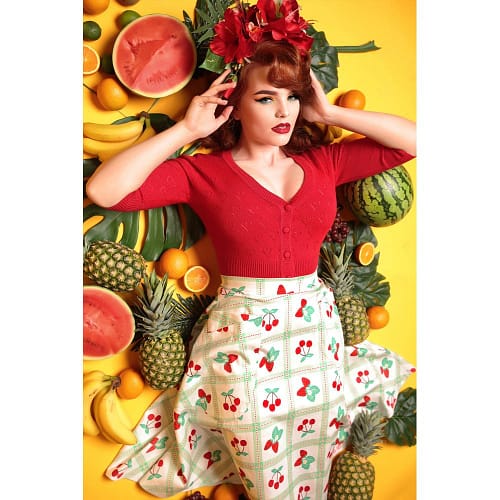 Veronica Picnic Swing nederdel i hvid med kirsebær og jordbær