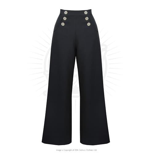 Højtaljede sorte sailor bukser med brede ben. Re-styled og fancy sømandsslacks inspireret af dem, der blev båret i 1930'erne til 50'erne.