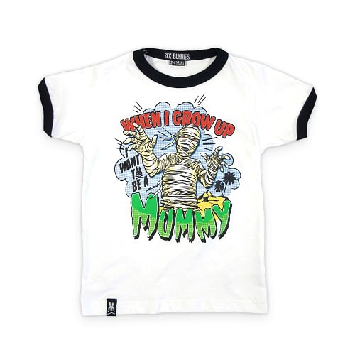 Sød og sej hvid t-shirt med vampyr og teksten ‘When I grow uo, I want to be a Mummy’
