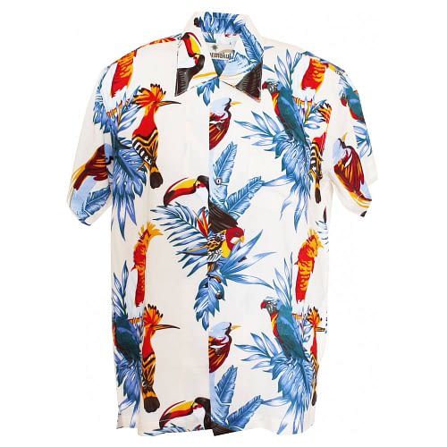 Darian Birds Hawaii skjorte hvid med farverige eksotiske fugle