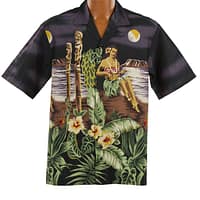 Lækker ægte Hawaiiskjorte, 100% bomuld i sort med ukulele-spillende hulapige på palmestrand