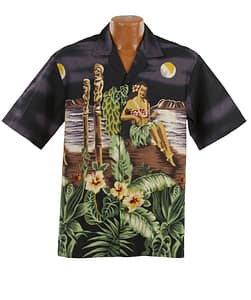 Lækker ægte Hawaiiskjorte, 100% bomuld i sort med ukulele-spillende hulapige på palmestrand