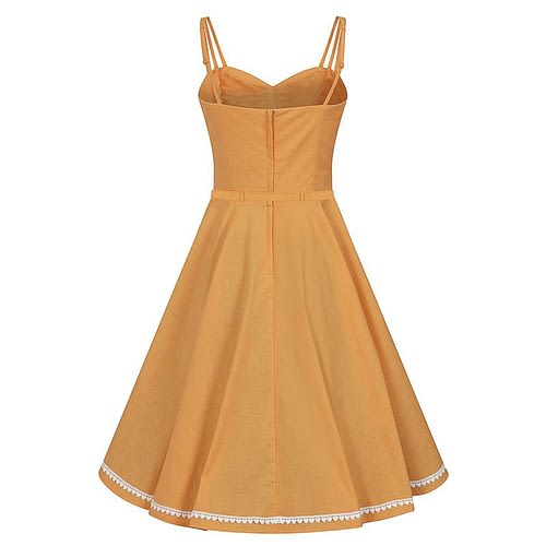 Den smukkeste orange Nova Heart Trim Swing kjole! Den monterede overdel har en hvid hjertetrim på kanten og justerbare spaghettistropper.