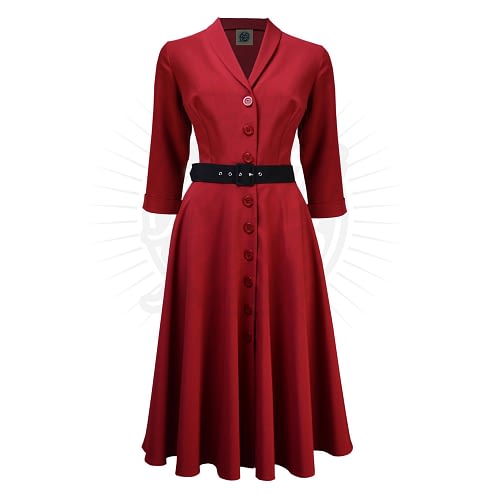 Rød retro skjortekjole i 50'er stil fra Pretty Retro med 3/4 lange ærmer, blød sjalskrave, V-udskæring og skørt