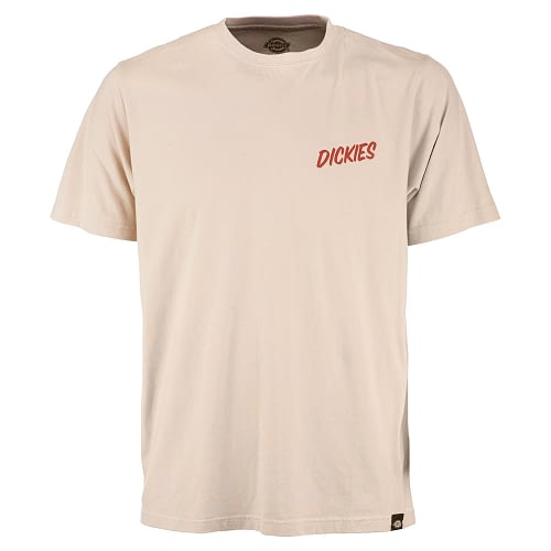 Dickies t-shirt i sandfarve med print i rødt, stort print på ryggen og Dickies skrevet foran på venstre bryst