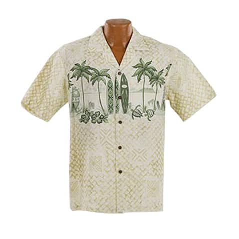 Lækker ægte Hawaiiskjorte, 100% bomuld i beige med mønster og grønne palmer og surfboards