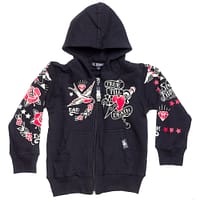 Sort hoodie med trykte tattoo-motiver til dit barn, med lommer og lynlås