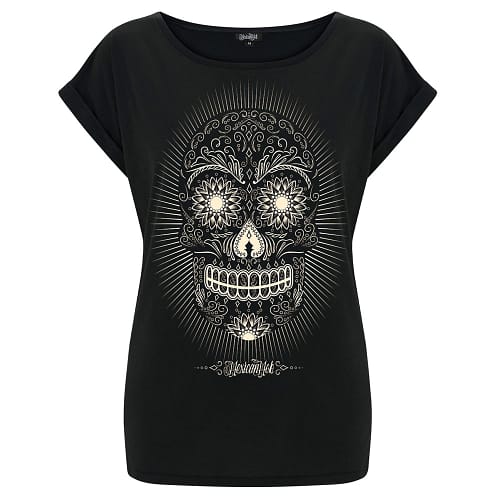 Calavera De Azucar - Klassisk t-shirt til kvinder, med mexicansk tema og et solidt strejf af Rock `n` Roll
