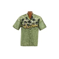 Lækker ægte Hawaiiskjorte, 100% bomuld i grønne farver med palmer og kanoer