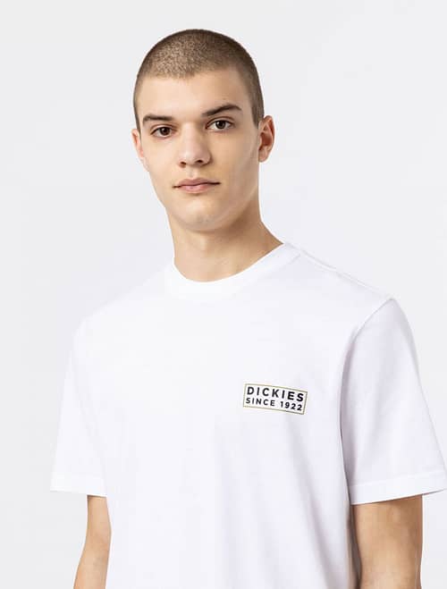 Dickies Pacific T-Shirt i hvid er en afslappet herre t-shirt med rund hals, t-shirten sloganet 'Dickies since 1922' grafik på brystet