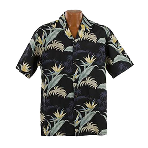 Lækker ægte Hawaiiskjorte, 100% bomuld Flot Hawaii skjorte i sort med palmer, grønne blade og gule blomster