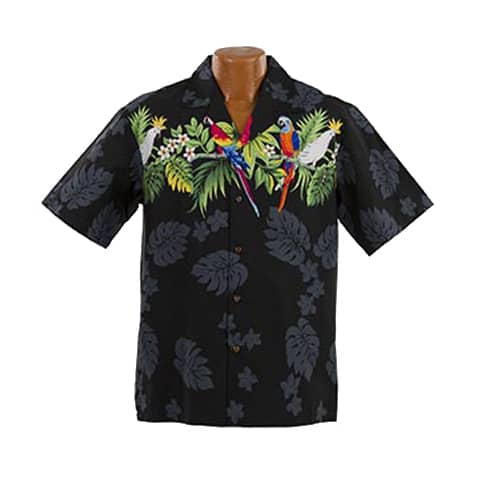 Lækker ægte Hawaiiskjorte, 100% bomuld i sort med ranke af papegøjer og grønne blade