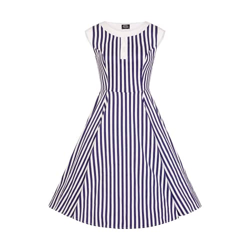 Blue Stripe Hepburner en klassisk rockabilly 50'er kjole med flotte lodrette blå og hvide striber