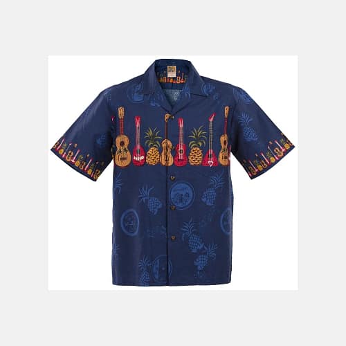 Lækker ægte Hawaiiskjorte, 100% bomuld i blå med ananas og vinyler, palmer og ukuleler