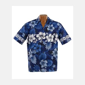 Lækker ægte Hawaiiskjorte, 100% bomuld i blå farver med hibiscus og palmeblade