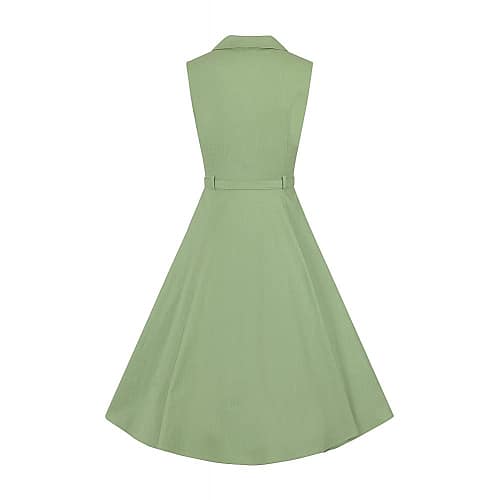 Caterina ærmeløs swingkjole er en klassisk ærmeløs skjortekjole i 50er stil. Den er fremstillet i grønt struktureret bomuld med lidt stræk, har en åben halskrave og knapper foran
