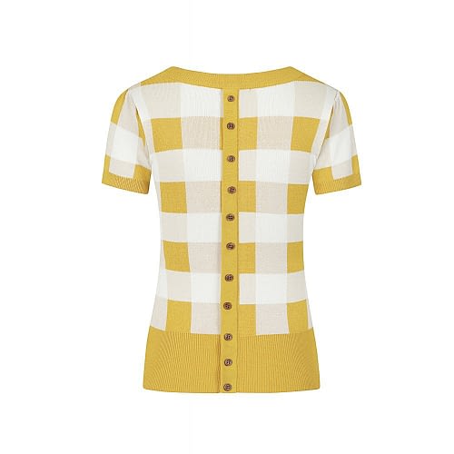 Fantastisk og virkelig fin strikket gul og hvid bluse i klassisk elegant 40'er-50'er stil i fint gingham mønster