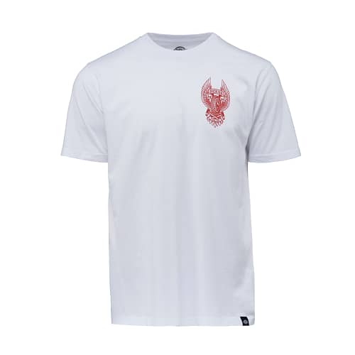 Dickies Symsonia t-shirt hvid med rødt print af dæk med vinger og Dickies banner på venstre bryst