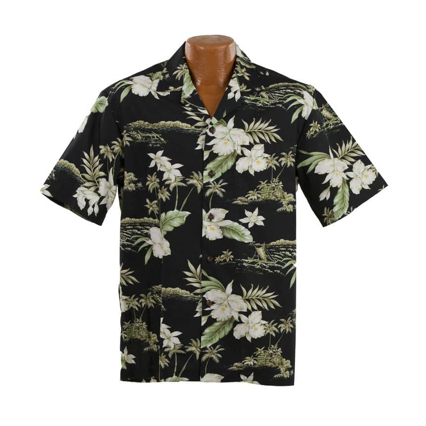 Flot Hawaii skjorte i sort med palmer, grønne blade og hvide orkideer