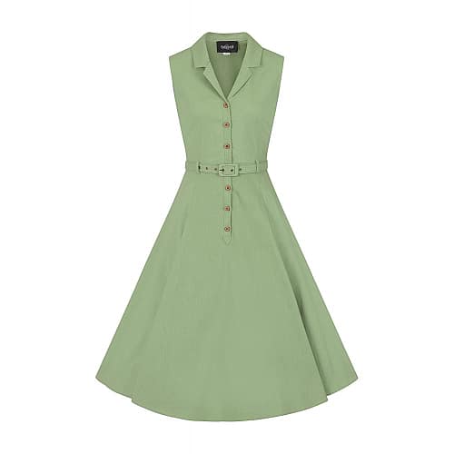 Caterina ærmeløs swingkjole er en klassisk ærmeløs skjortekjole i 50er stil. Den er fremstillet i grønt struktureret bomuld med lidt stræk, har en åben halskrave og knapper foran