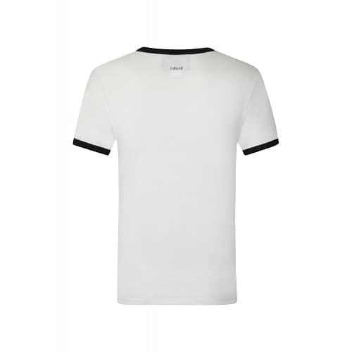 Flot hvid t-shirt med et 1940'er inspireret café racermotiv med sloganet "Vintage Style For Modern Life". Klassisk ringerstil med sorte kontrastfarvet ribkanter på hals og ærmer