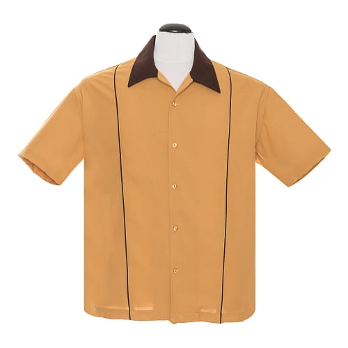 Sennepsfarvet Rockabilly skjorte fra Steady Clothing med brun krave og 2 brune striber
