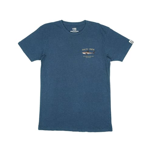 Salty Crew - Bruce t-shirt i blå med et flot print af en haj og logo foran og et stort bagpå.