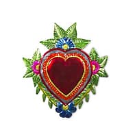 Farverigt mexicansk hjerte med blomster i tin til dekoration. Disse hjerter er håndlavet i Mexico og er lavet af tin.