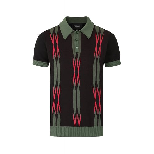 Få det autentiske look med denne flotte Pablo Marylebone kortærmede strikkede strikpolo med i rigtig 50'er-60'er stil i sort med grønt og rødt mønster foran