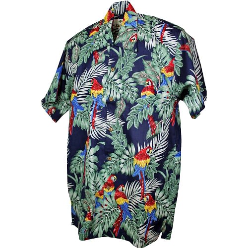 Flot navyblå hawaii skjorte med grønne blade og papegøjer