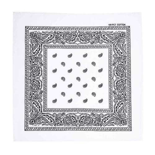 Klassisk hvidt bandana/tørklæde med sort paisley mønster.