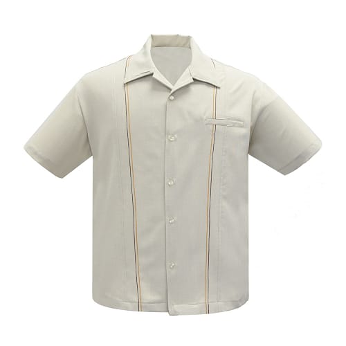 The Harold er en cool, klassisk skjorte vintage inspireret 50er skjorte i rigtig flot gråhvid med flotte stikninger i brun og orange fra Steady Clothing