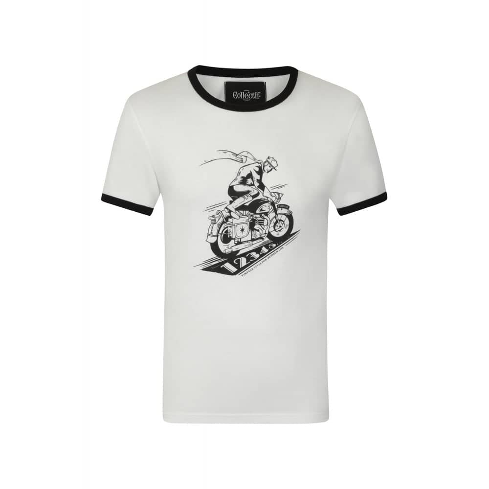 Flot hvid t-shirt med et 1940'er inspireret café racermotiv med sloganet "Vinta