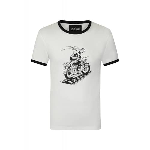 Flot hvid t-shirt med et 1940'er inspireret café racermotiv med sloganet "Vintage Style For Modern Life". Klassisk ringerstil med sorte kontrastfarvet ribkanter på hals og ærmer