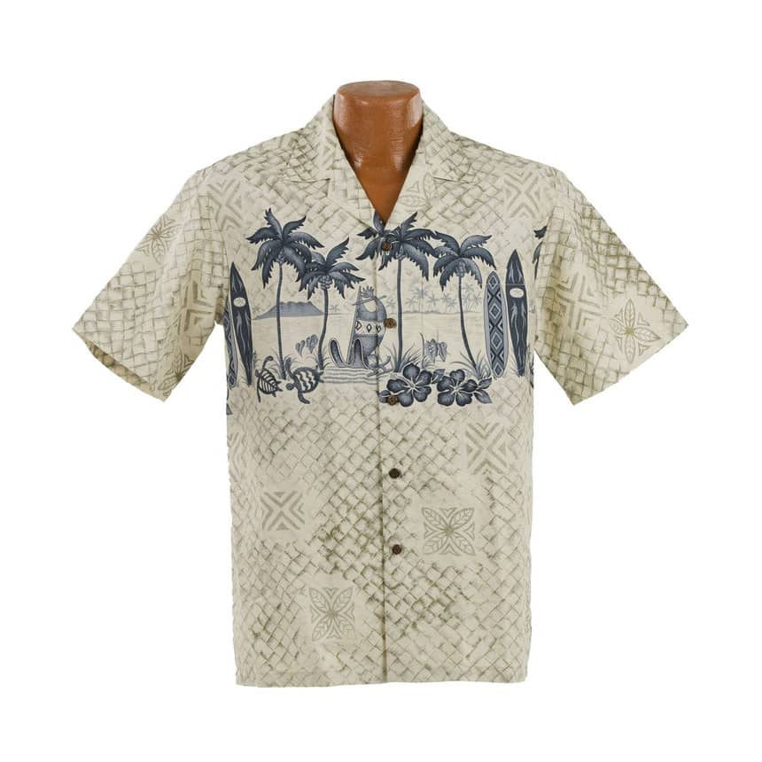 Flot ægte Hawaiiskjorte, 100% bomuld i beige med mønster og gråblå palmer og surfboards