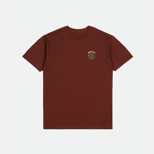 Brixton Kit t-shirt i maroon med et lille tigerhoved og logo foran og et stort bagpå