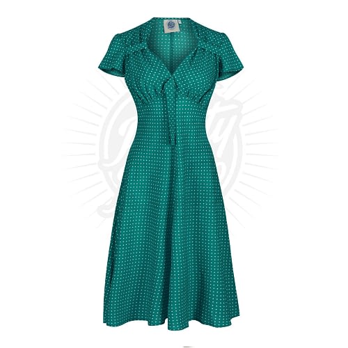 Dette er en fabelagtig kjole i flot grøn med prikker og med en smuk sweetheart halsudskæring med bindebånd, korte flagrende ærmer og et flot skørt med svin