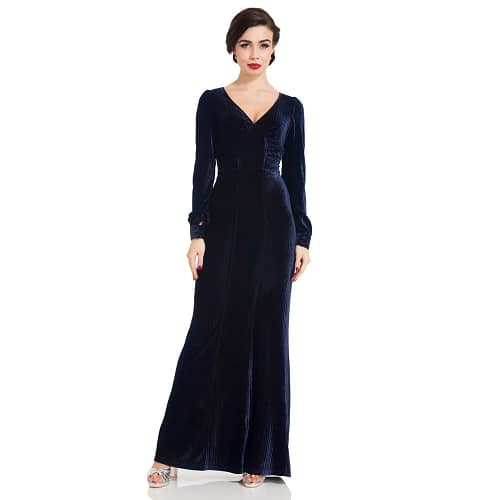 Imponerende smuk midnatsblå kjole i fløjlsvelour med et touch af 1930ernes glamour