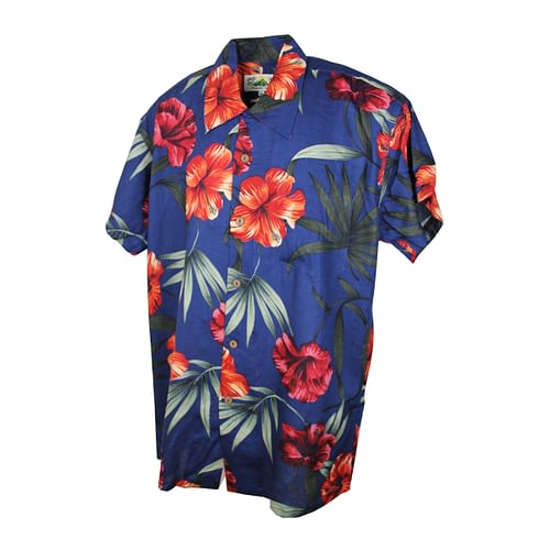 Bercelona navyblå Hawaii skjorte med hibiscus og papegøjer