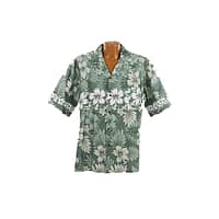 Lækker ægte Hawaiiskjorte, 100% bomuld i grønne farver med hibiscus og palmeblade
