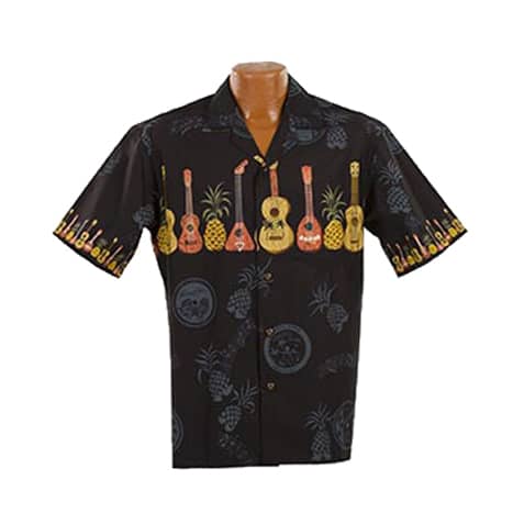Lækker ægte Hawaiiskjorte, 100% bomuld i sort med mørkegrå ananas og vinyler, palmer og ukuleler.