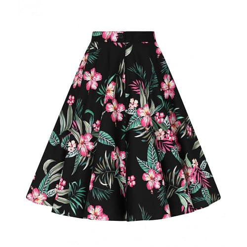 50'er fuld cirkel-nederdel i bomuld med Hawaii print. Pink Hibiscusblomster på en sort bund.