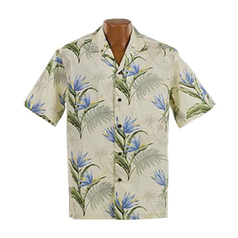 Lækker ægte Hawaiiskjorte, 100% bomuld Flot Hawaii skjorte i cremehvid med palmer, grønne blade og blå blomster