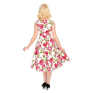 fantastisk fin, romantisk og klassisk 50'er kjole i hvide med et fineste rose print i pink nuancer