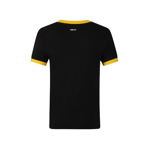 Flot sort t-shirt med et 1940'er inspireret café racermotiv med sloganet "Vintage Style For Modern Life". Klassisk ringerstil med gule kontrastfarvet ribkanter på hals og ærmer