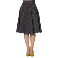 Charmerende klassisk retro-inspireret 40’er nederdel med vidde i flot ternet stof i grå, blå og brun