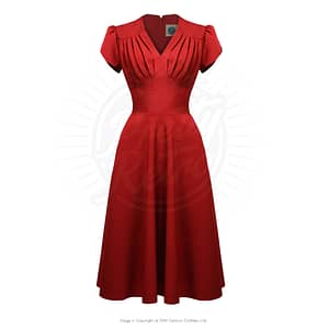 Smuk rød kjole med en flot draperet halsudskæring i 40er-50er