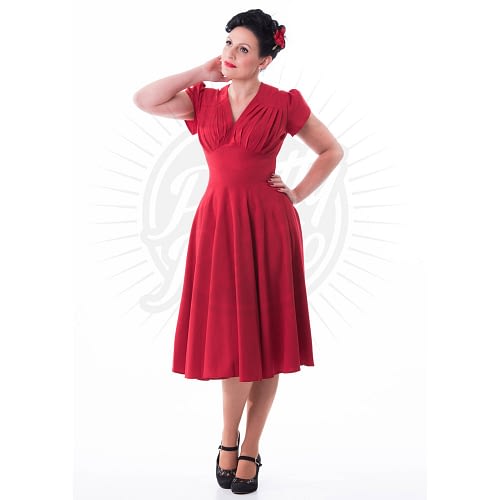 Smuk rød kjole med en flot draperet halsudskæring i 40er-50er